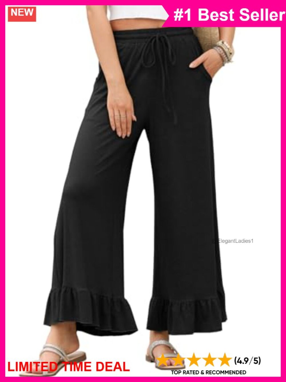 Wide Leg Palazzo Pants High Waist Ruffle Hem with Pockets